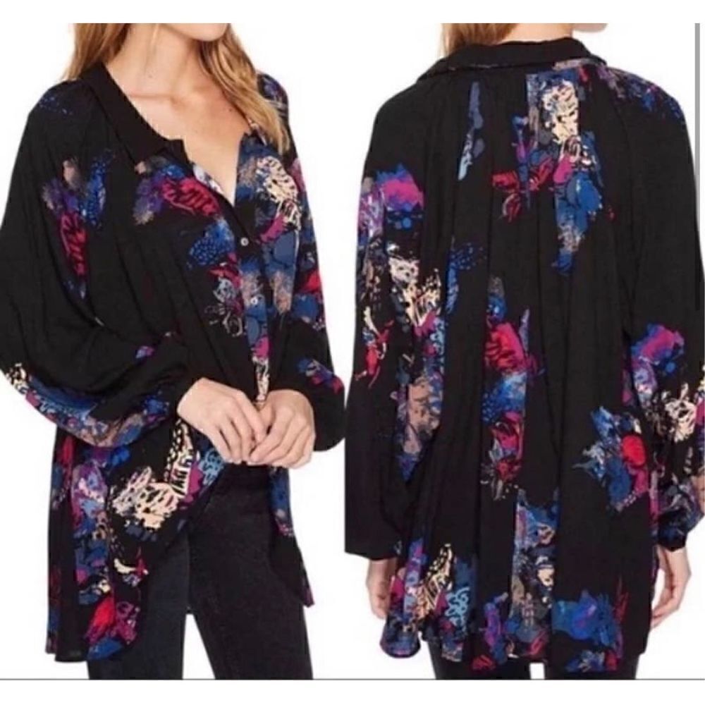 Free People Meadow Lark Blouse Oversized Top Button Front Black Floral sz XS